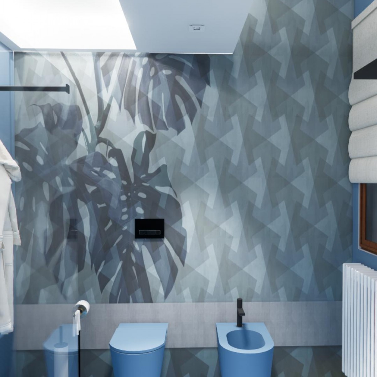 carta da parati e resina per un bagno che avvolge 